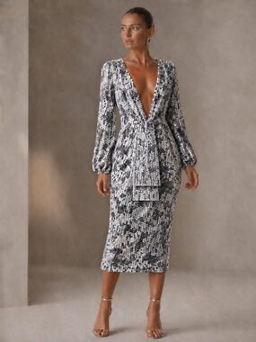 Vegas Baby! Fun Elegant Sequin Party Dress 14 with Deep V and Draped Panels